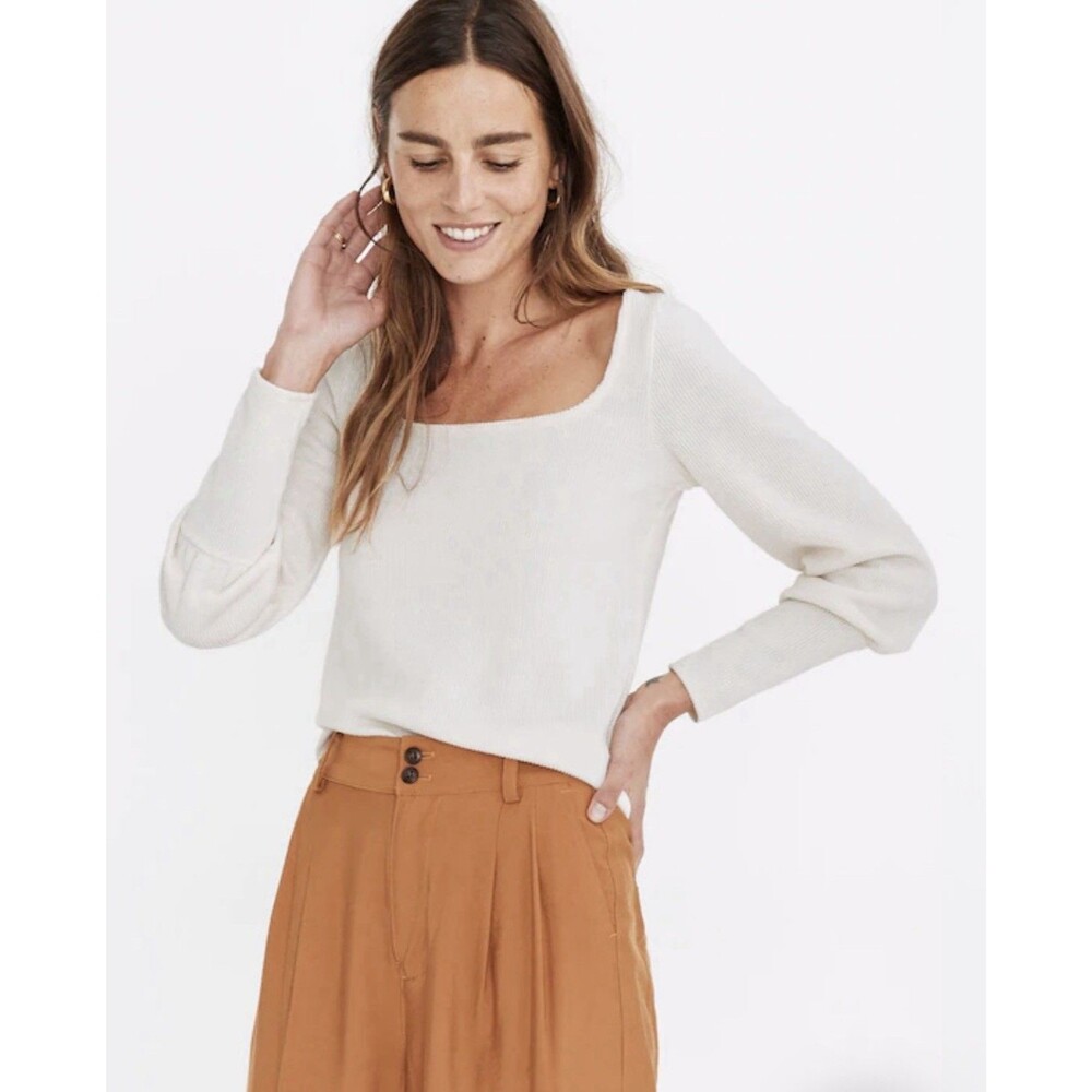 NWT Madewell Ribbed Square Neck Top Ivory Puff Sleeves Small Ottoman Sweater